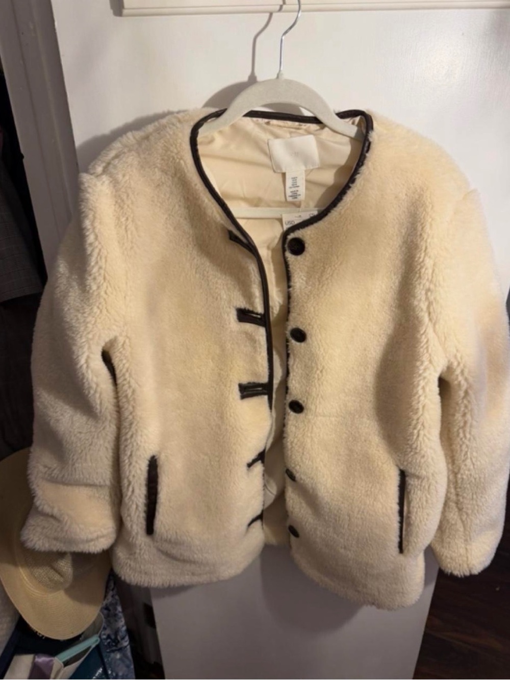 H&M Cream Teddy Fleece Jacket Medium Faux Leather Trim Sherpa Coat NWT
